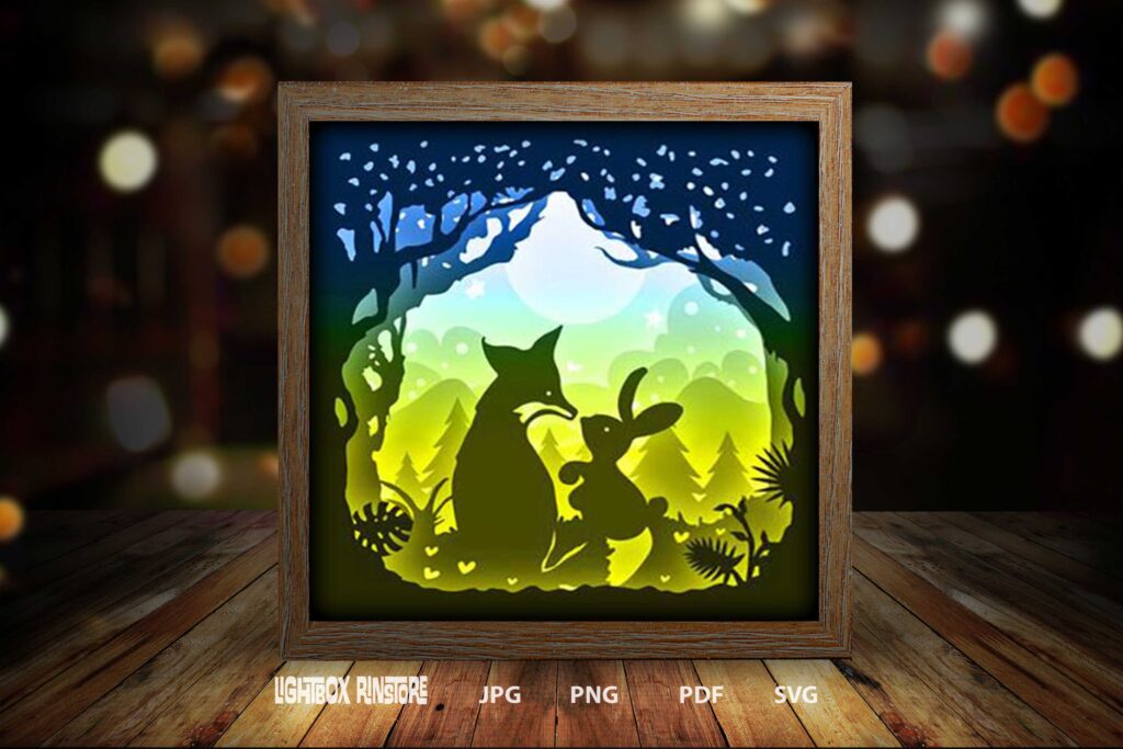 Fox love Rabbit paper light box template, shadow box template, shadow ...